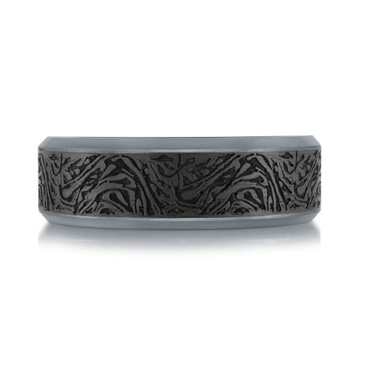 Carved black-grey tantalum carbon fiber band.
