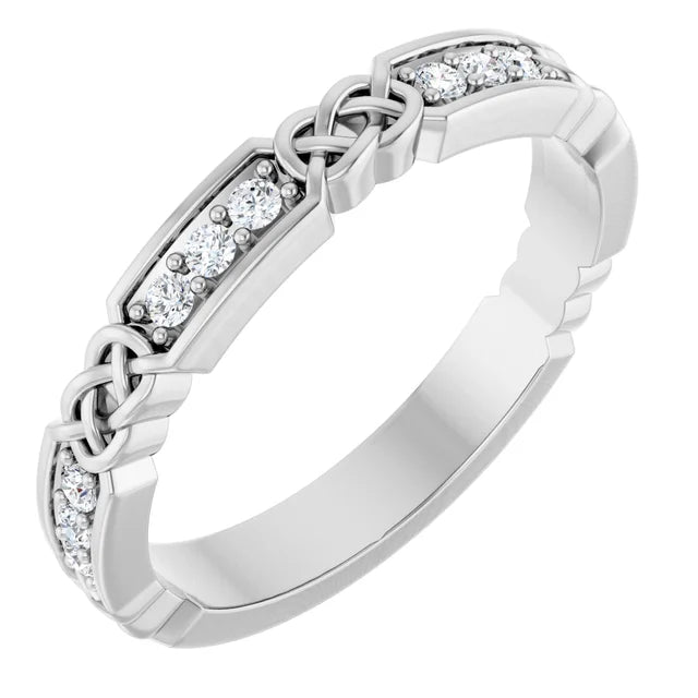 14K white gold band with round diamonds.