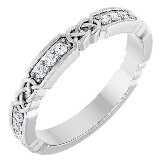 14K white gold band with round diamonds.