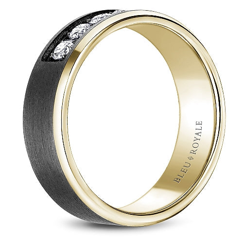 Tantalum band with five round diamonds, yellow edge.