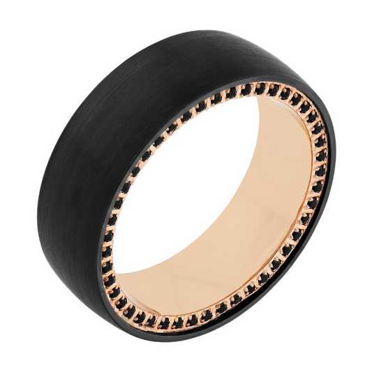 Black tungsten band with rose gold interior.