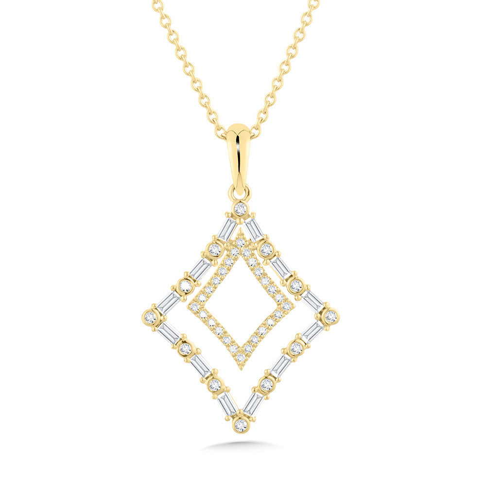 Diamond necklace with geometric gold pendant.