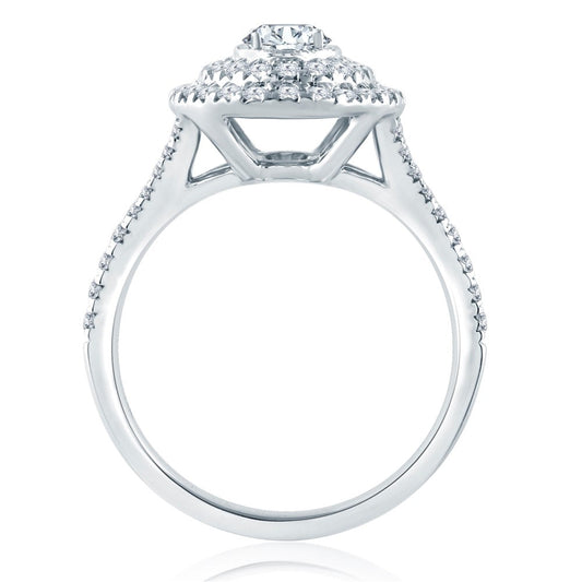 Halo diamond ring, 14K white gold, side view.