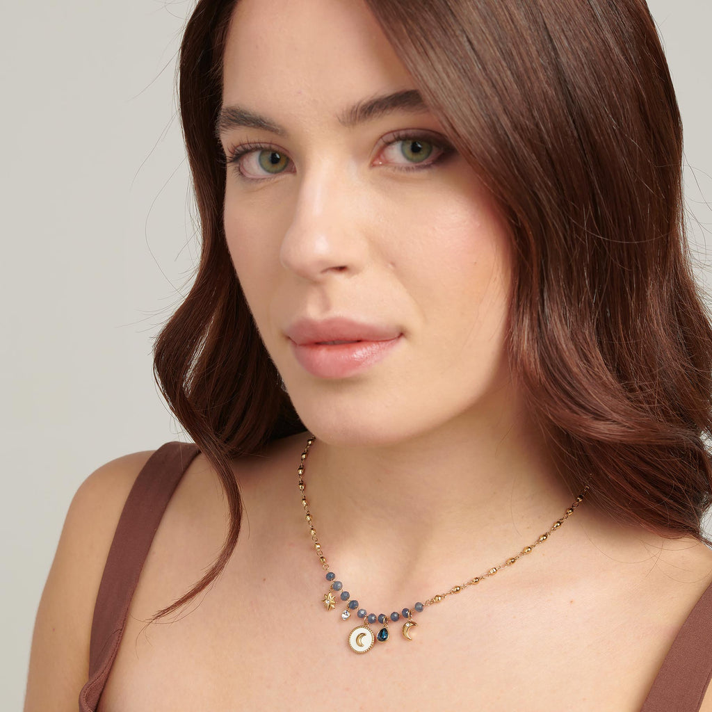 Stainless steel necklace with colorful gemstones.