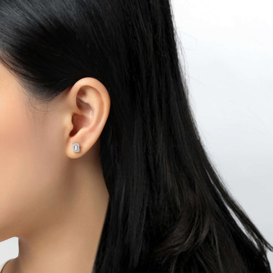 Simulated diamond stud earrings in silver.