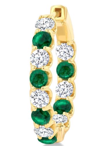 Yellow gold hoop earrings with emeralds and diamonds.