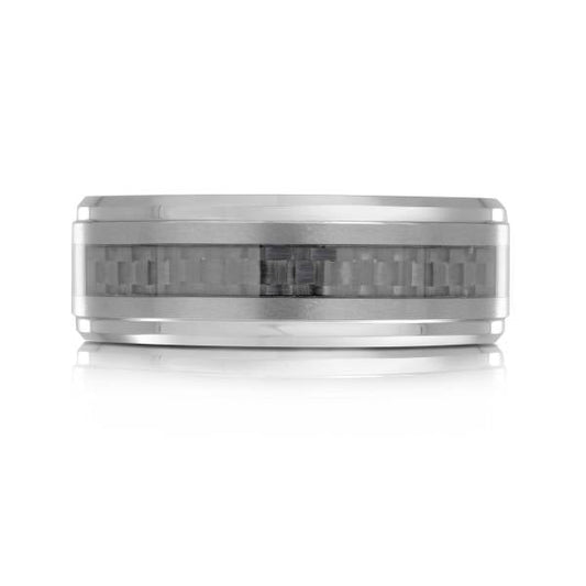 Tungsten carbide band, white-black, carved design.
