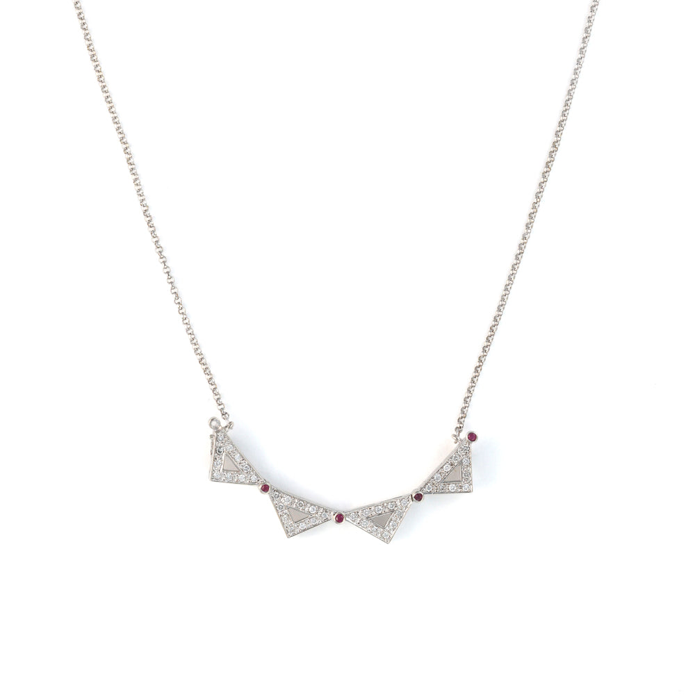14K white gold necklace, rubies, diamonds.