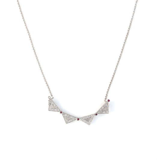 14K white gold necklace, rubies, diamonds.