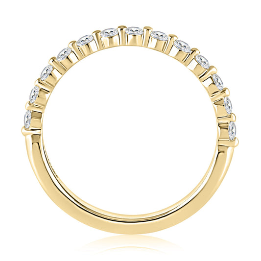 14K yellow gold band with round diamonds.