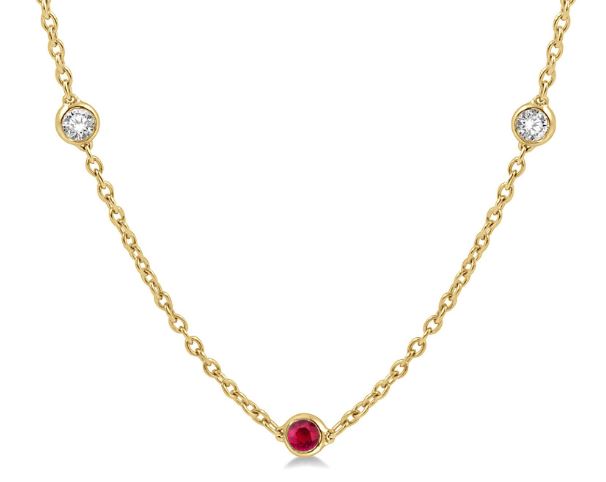 14K gold necklace with rubies, diamonds.