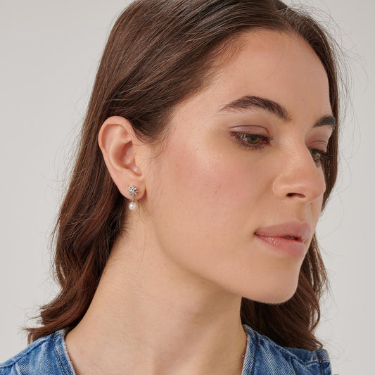 Simulated diamond earrings with pearl drop.