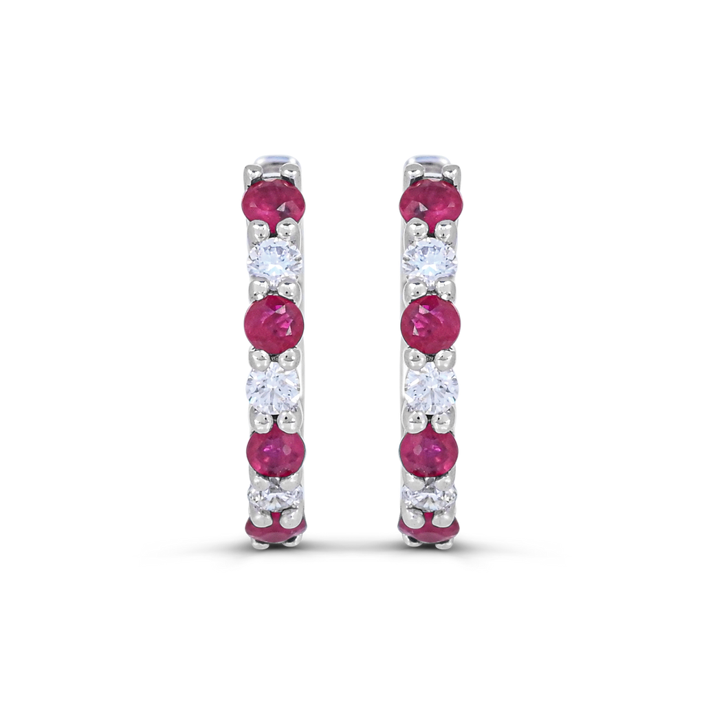 14K white gold hoops with rubies, diamonds.