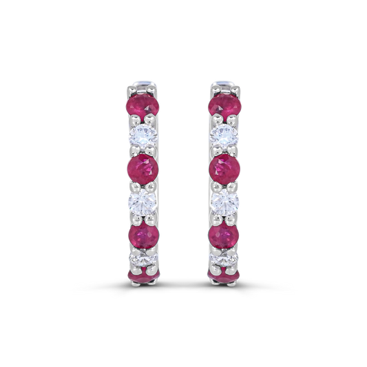 14K white gold hoops with rubies, diamonds.