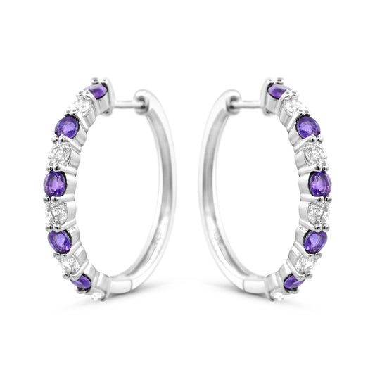 Sterling silver hoops with purple amethysts.