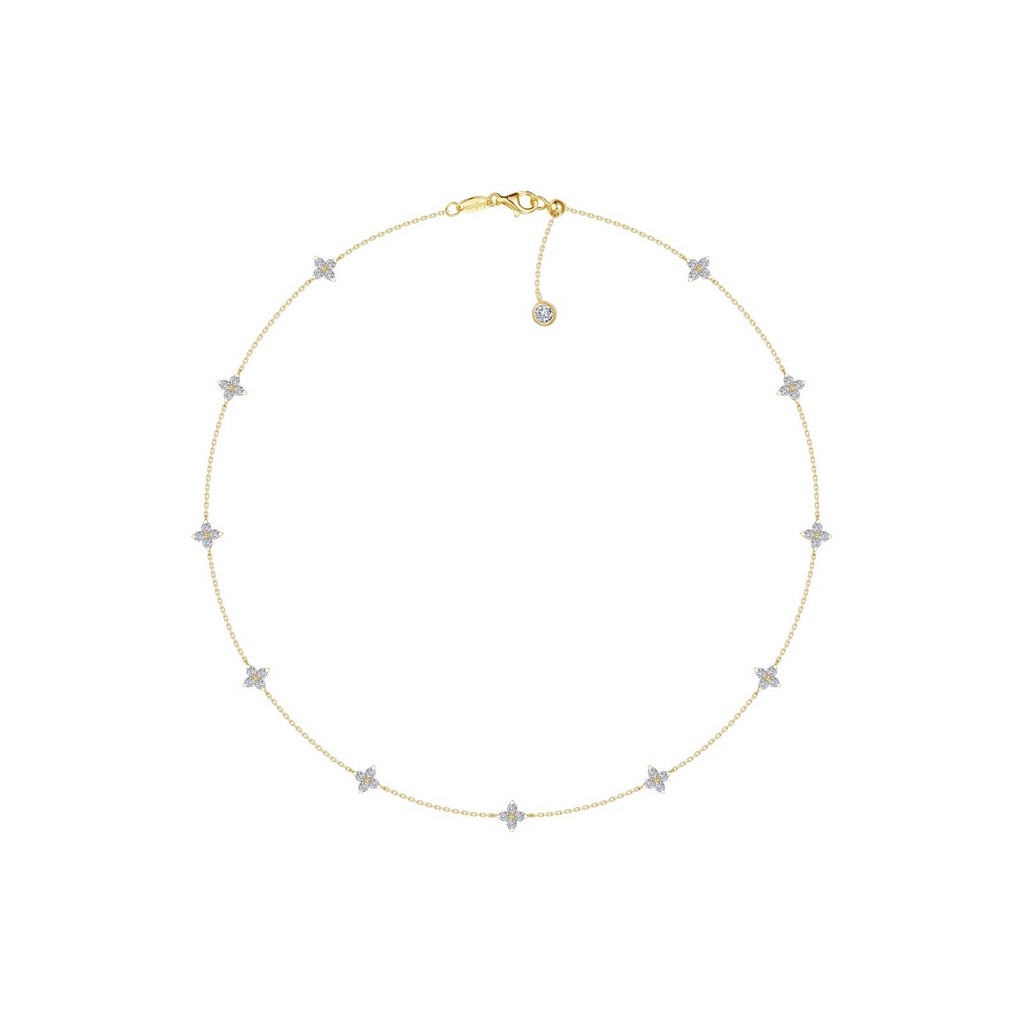 Yellow sterling silver necklace with round simulated diamonds.