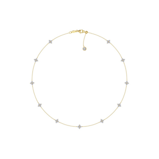 Yellow sterling silver necklace with round simulated diamonds.