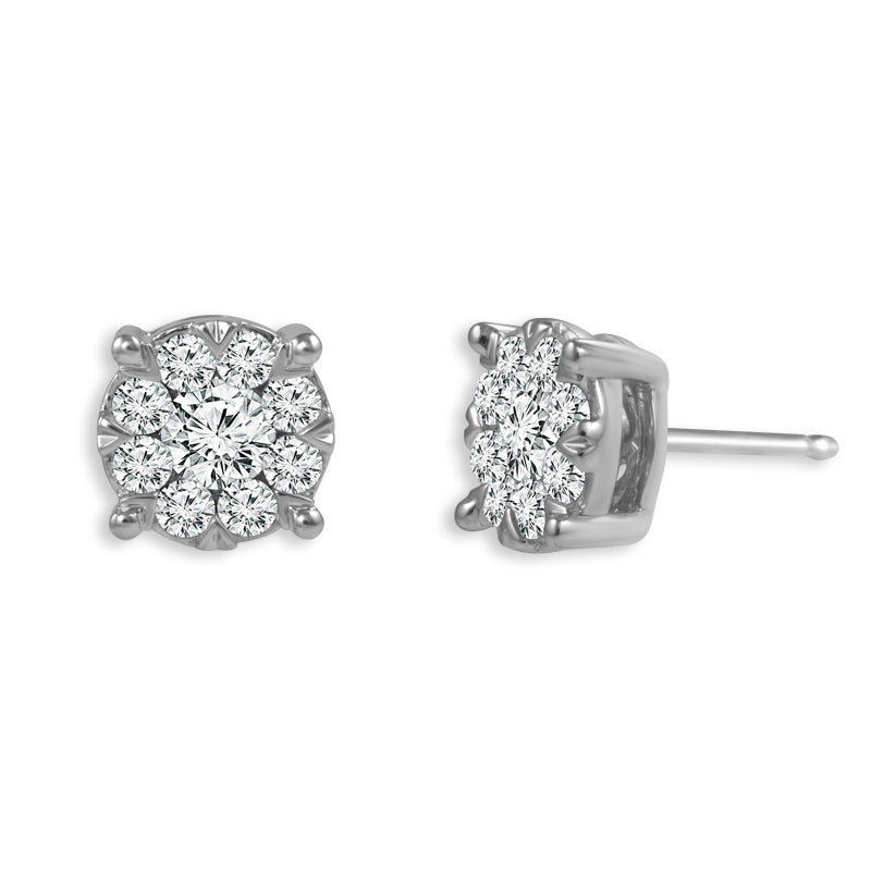 Diamond cluster stud earrings in white gold.