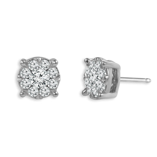 Diamond cluster stud earrings in white gold.