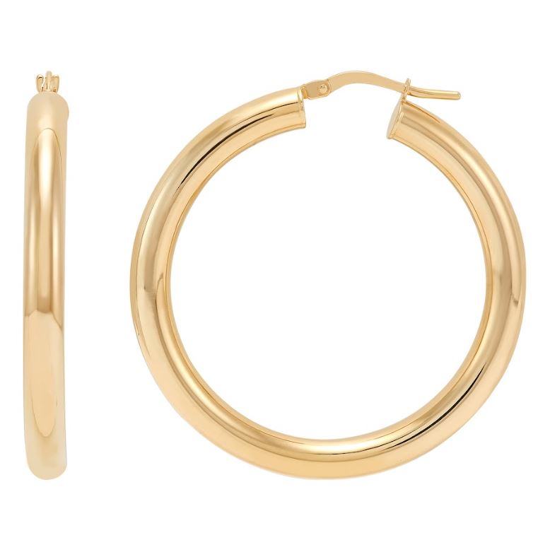14K yellow gold large hoop earrings.