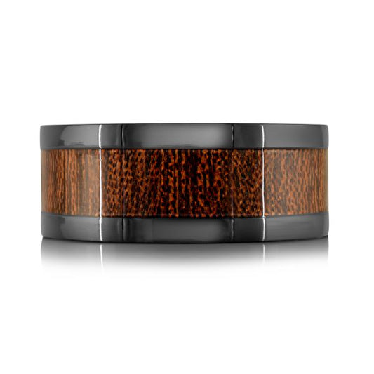 Tantalum black band with carved wood inlay.