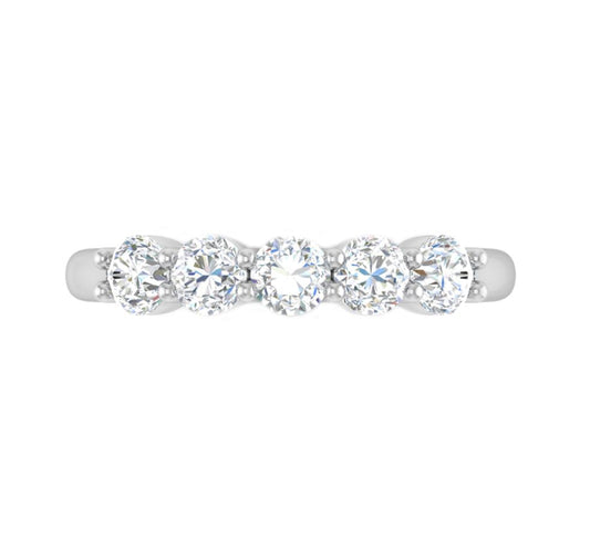 Five round diamonds on white gold band.