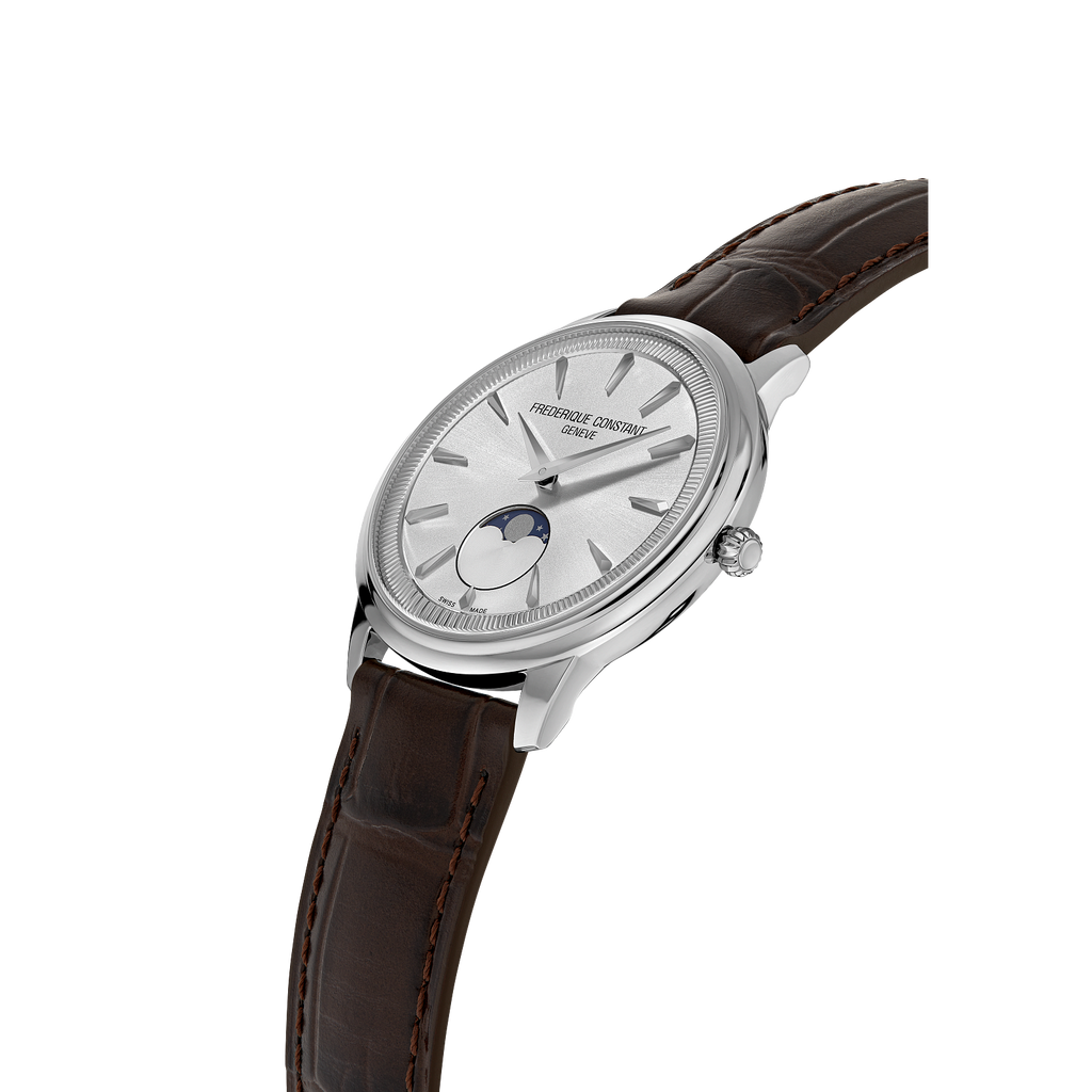 Silver dial watch, brown calfskin band, moon phase.