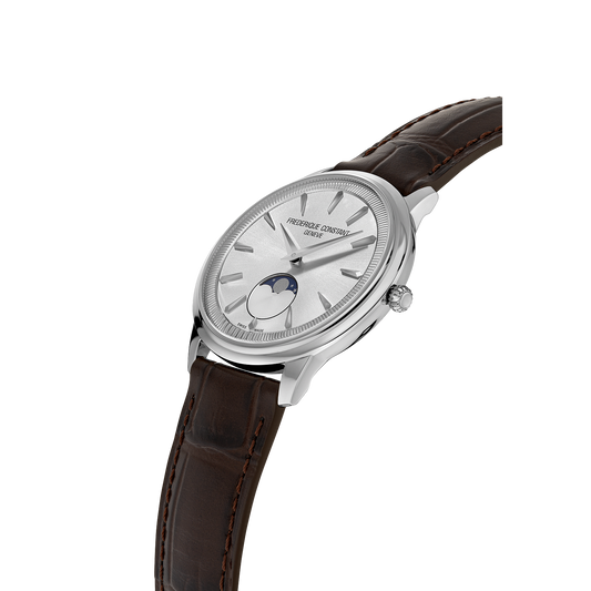 Silver dial watch, brown calfskin band, moon phase.