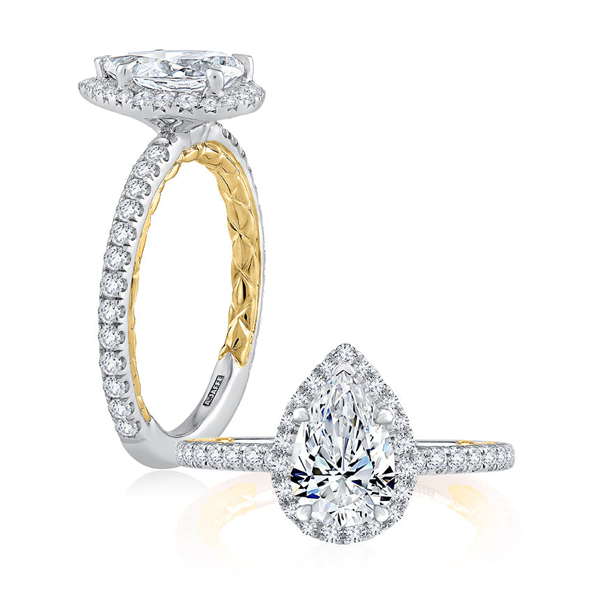 Halo diamond ring in white gold setting.