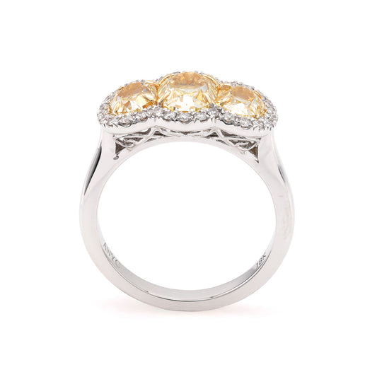 Oval yellow diamond three-stone halo ring.