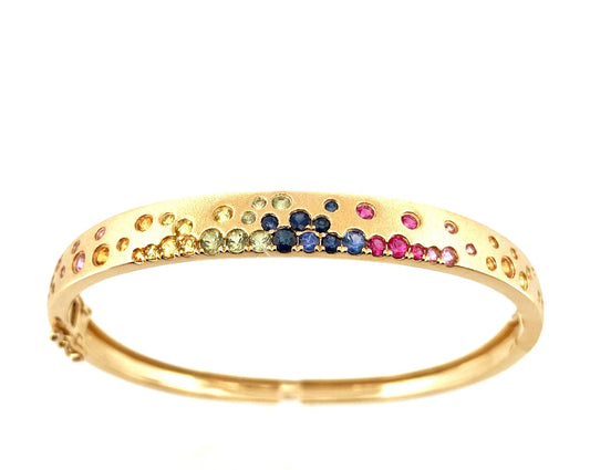 Bangle Color Gemstone Bracelet in 14 Karat Yellow with 53 Round Sapphires 2.20ctw