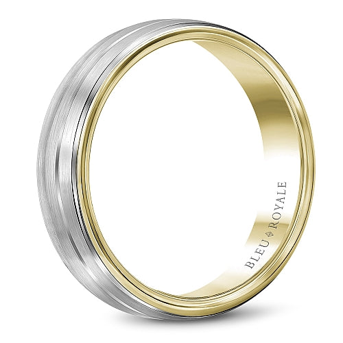 Two-tone carved gold band, satin finish.