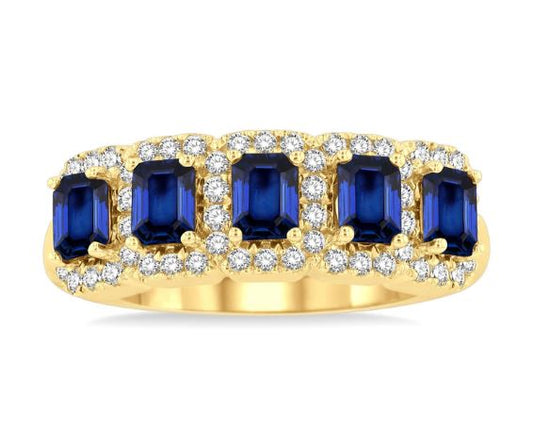 14K yellow band with emerald sapphires, diamonds.