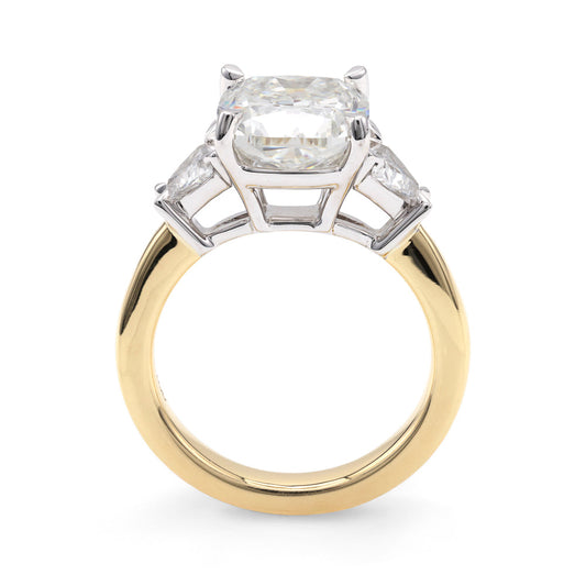 ReMARKable Designs Three Stone Lab-Grown Diamond Complete Engagement Ring in 18 Karat White Yellow Gold with 4.09ct Square Cushion Lab-Grown Diamonds, Clarity: VS1, Color: F