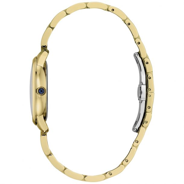 Gold watch with sapphire crown detail.