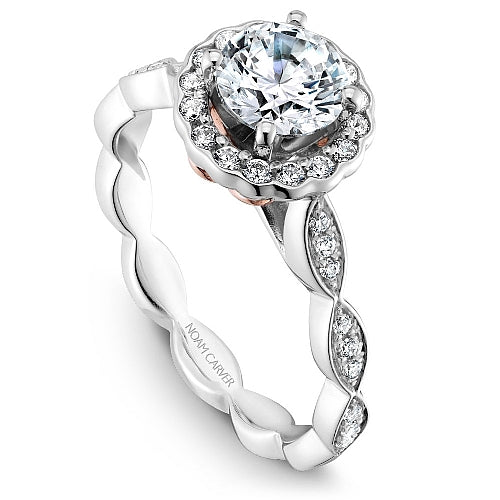 Halo diamond ring, white-rose gold, vintage design.