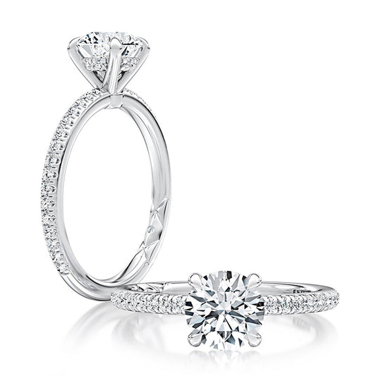 14k white gold ring with round diamonds.