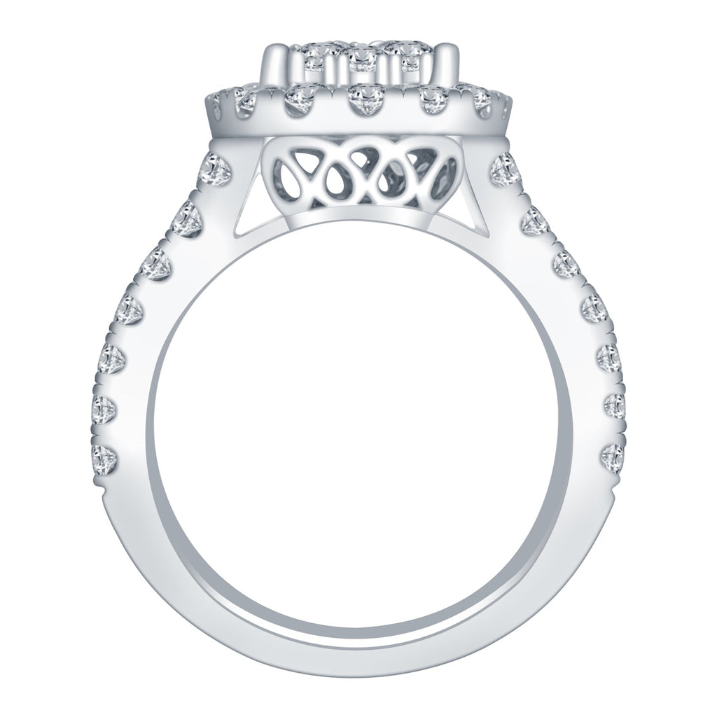 Halo engagement ring with side stone clusters.