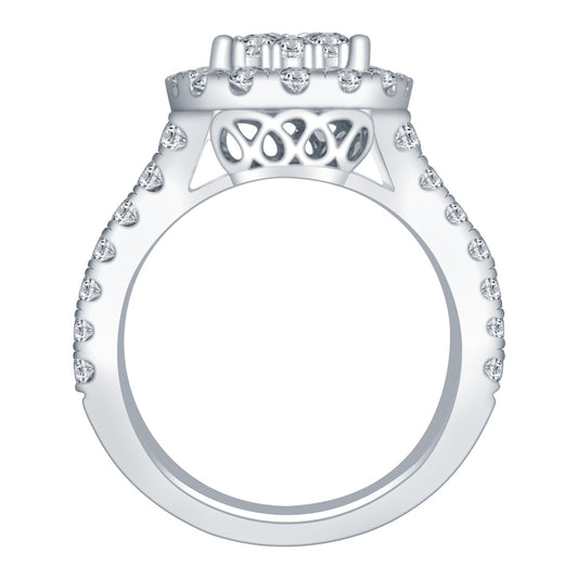 Halo engagement ring with side stone clusters.