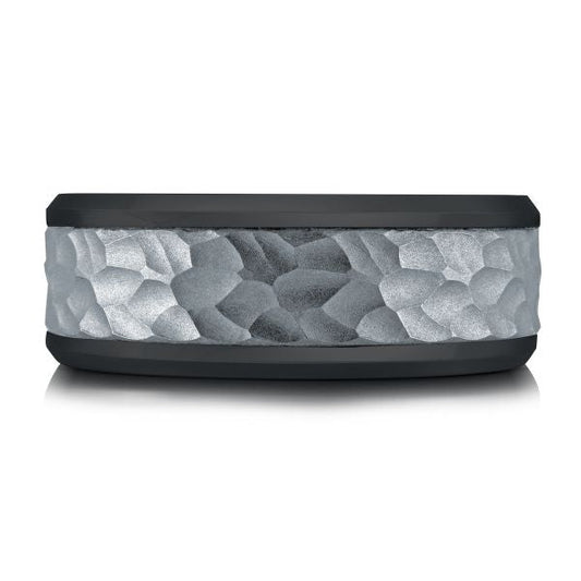 Tantalum band with satin-hammered black-grey finish.