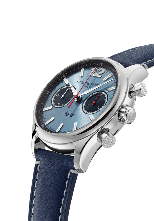 Light blue dial, stainless steel case, blue strap.