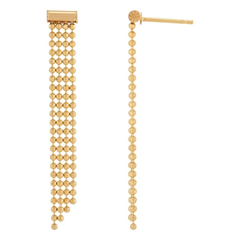 Gold dangle earrings with bead strands.