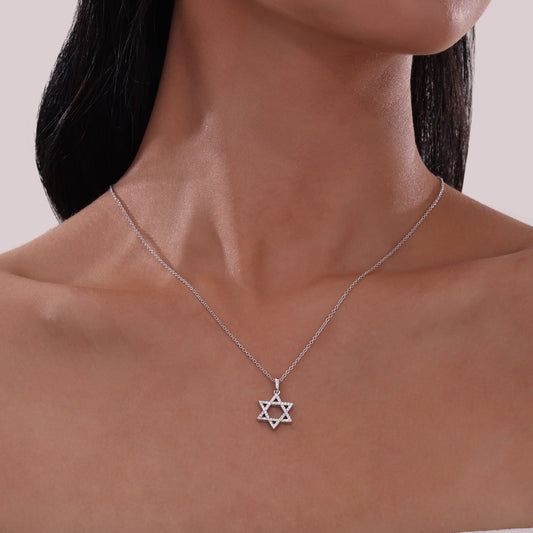 Star of David necklace, platinum, simulated diamonds.
