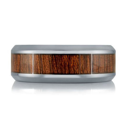 Tantalum band with brown carved inlay.
