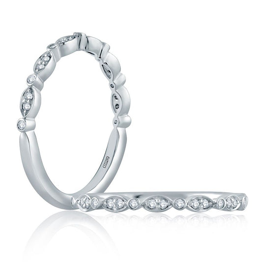 Yellow gold band with round diamond accents.