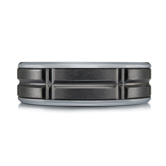 Tantalum-titanium grey carved men's band.