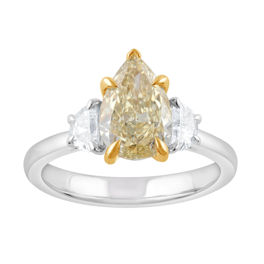 Hidden Accent Side Stone Lab-Grown Diamond Complete Engagement Ring in 14 Karat White with 1 Pear Lab Grown Diamond, Color: Intense Yellow, Clarity: VS1, totaling 2.08ctw