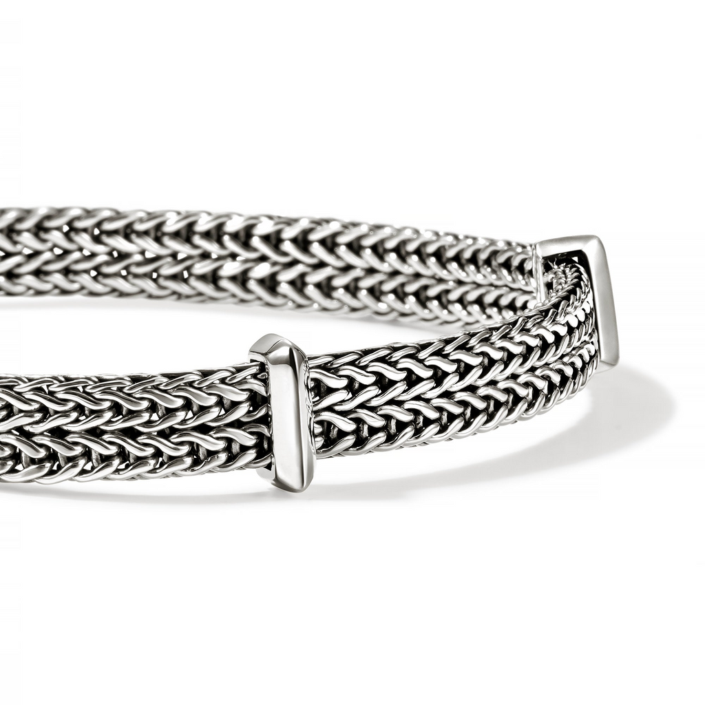 Sterling silver woven station bracelet, hidden clasp.