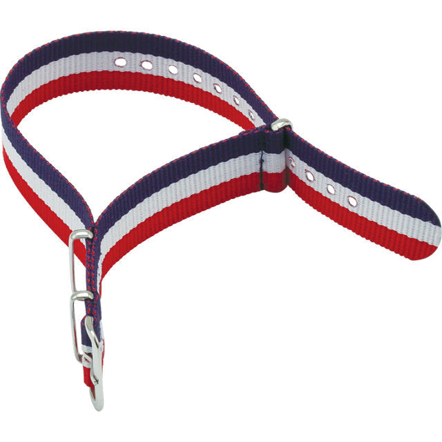 Red, white, blue striped nylon watch band.