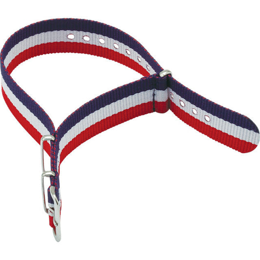 Red, white, blue striped nylon watch band.
